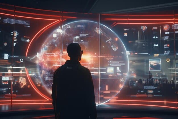 An illustration showing a hacker figure in a dark environment, with lines of code floating around them. A digital clock in the background displays 
