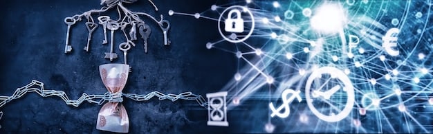 A digital illustration of a network security breach, showing data flowing through a broken lock. The image emphasizes the vulnerability of digital systems to cyberattacks.
