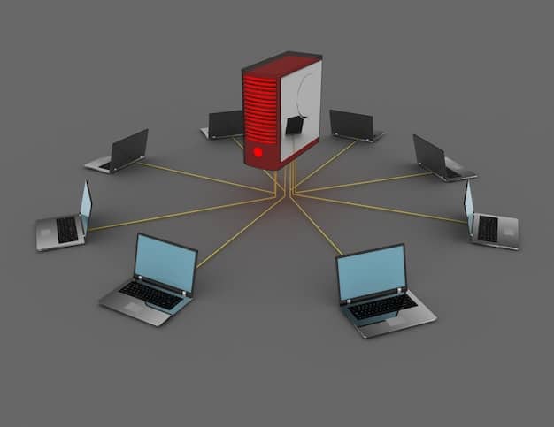 A network diagram showing various devices (computers, servers, smartphones) connected to a central server. Red lines highlight potential intrusion points, while green lines indicate secure connections. A magnifying glass focuses on a specific vulnerability, emphasizing the need for vigilance.