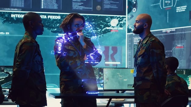 A diverse team of cybersecurity professionals collaborating around a large screen displaying real-time threat analysis data, showcasing the importance of human expertise in conjunction with AI-powered tools.