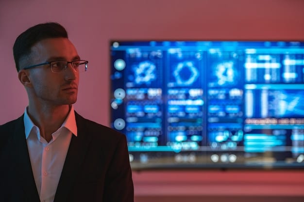 A network security analyst working in a security operations center, monitoring threats and analyzing data on multiple screens, indicating the complexity and vigilance required to combat cybercrime.