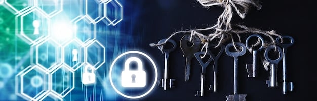An abstract image showing layers of digital security locks and keys, representing multi-layered cybersecurity solutions for small businesses.