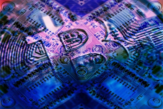 A close-up graphic depicting a quantum circuit intertwined with encrypted data, symbolizing the quantum computer's ability to break traditional encryption algorithms. This also represents the potential risks to US cybersecurity.