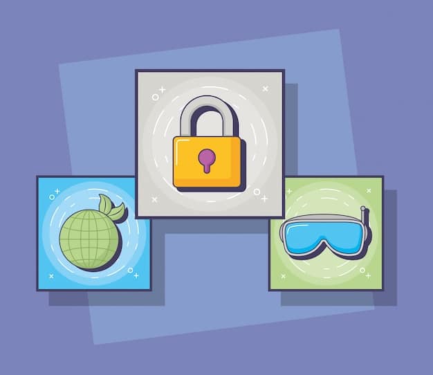 Illustrative representation of different cybersecurity best practices on various devices; a padlock icon over a laptop screen signifies strong password protection, an update arrow over a smartphone shows regular software updates, and a magnifying glass detecting a fishhook demonstrates phishing awareness.