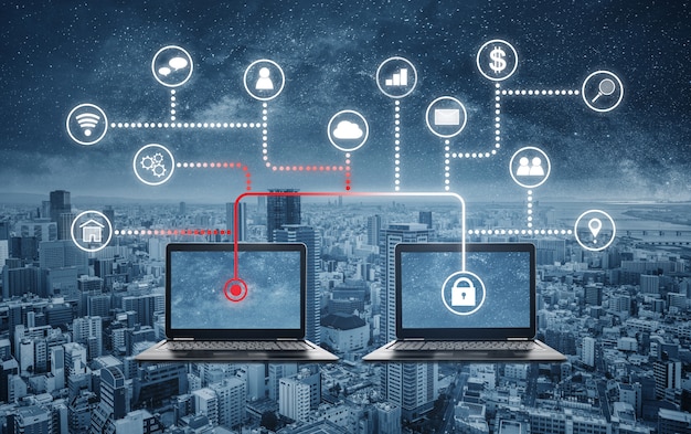 A detailed network diagram showing various interconnected devices and systems within a business network. Vulnerability icons (red exclamation points) are strategically placed on the diagram to highlight potential weaknesses.