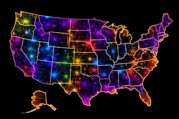 A digital map of the United States, with each state highlighted in a different color, signifying the varying levels of data privacy regulations across the country, highlighting the need for a unified federal law.