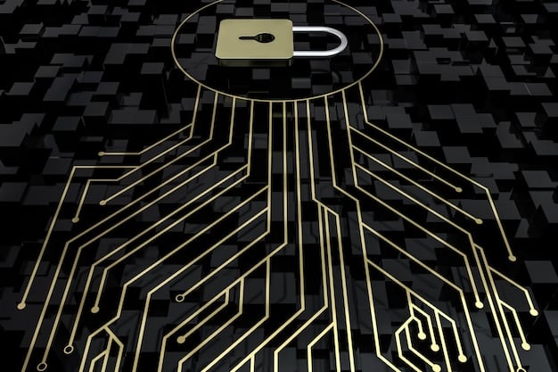 A close-up of a digital padlock with intricate circuit patterns embedded within its design. Binary code flows around the padlock, symbolizing the encryption process. The background is a network of interconnected nodes, representing the digital communications being secured by encryption.