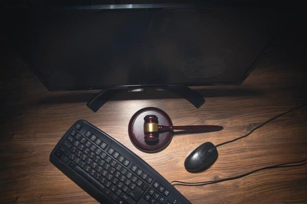 A legal gavel striking a wooden sound block with a computer screen in the background showing a privacy policy agreement. The image emphasizes legal actions related to data privacy.