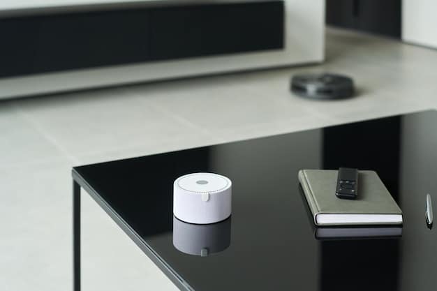 A close-up of various smart home devices (smart speaker, smart thermostat, security camera) with lines connecting them, highlighting the interconnectedness of IoT devices. A magnifying glass hovers over the devices, symbolizing the scrutiny of privacy concerns.