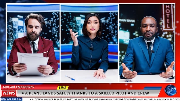 A split-screen image showing a real news broadcast on one side and a manipulated deepfake version of the same broadcast on the other, highlighting the deceptive potential of AI in media.