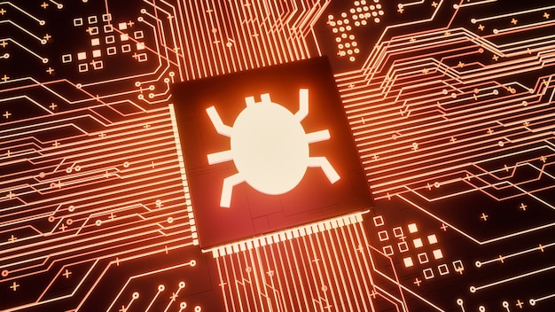 A visual representation of the Mirai botnet attack, showing how numerous IoT devices are infected and controlled to launch a DDoS attack against a central server. Lines connect the infected devices to the server, illustrating the botnet's power.