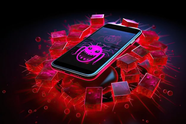 A graphical representation of a malware attack targeting an Android mobile banking app. The image shows a smartphone in the center with arrows pointing to it from various malicious sources such as phishing emails, unofficial app stores, and compromised websites. The smartphone screen displays warning signs of a malware infection.