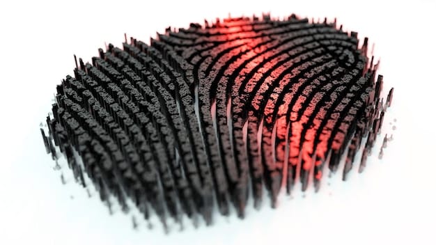 A high-contrast image showing a digital fingerprint dissolving into code, symbolizing the vulnerability of biometric data to digital breaches and the potential for misuse.