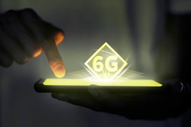 A smartphone displaying a security alert about a potential 5G network vulnerability. The alert recommends updating the device's software and enabling multi-factor authentication to protect against threats. The background shows a blurred image of a 5G network tower.