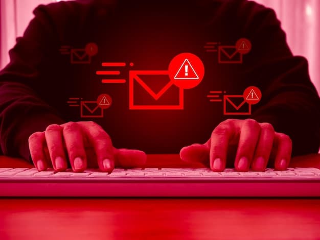 A hand reaching out to click on a suspicious link in an email, with warning signs in the background.