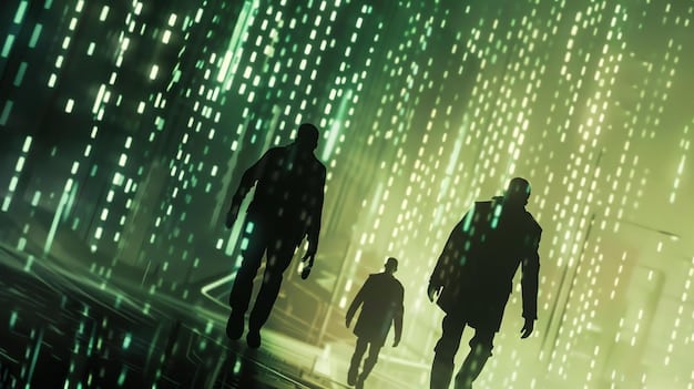 A visual representation of a cybersecurity team actively engaged in threat hunting. The scene shows multiple analysts monitoring dashboards displaying real-time data streams, network traffic analytics, and potential threat alerts. The environment is a dark, high-tech operations center.