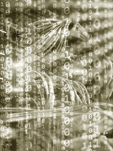 An abstract representation of data encryption, showing scrambled data blocks being secured by digital locks and keys. The image emphasizes the concept of data privacy and security.