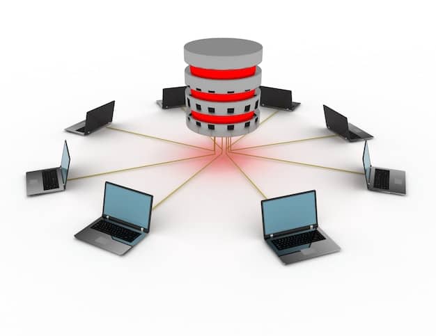 A network diagram showing data packets flowing between computers, with red lines representing malicious traffic being identified and blocked by an AI-powered security system.