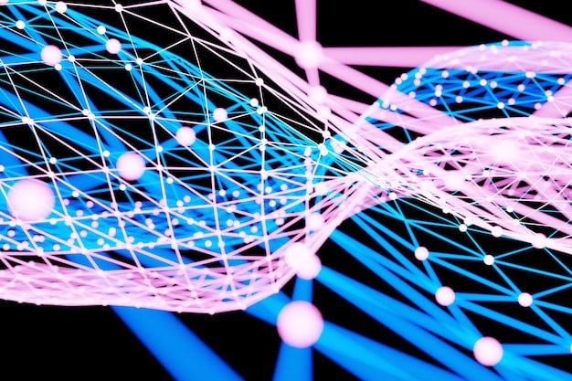 A graphic representation of an AI neural network analyzing network traffic for anomalies, with highlighted patterns indicating potential cyber threats. Data points are color-coded to represent different types of traffic and threat levels.