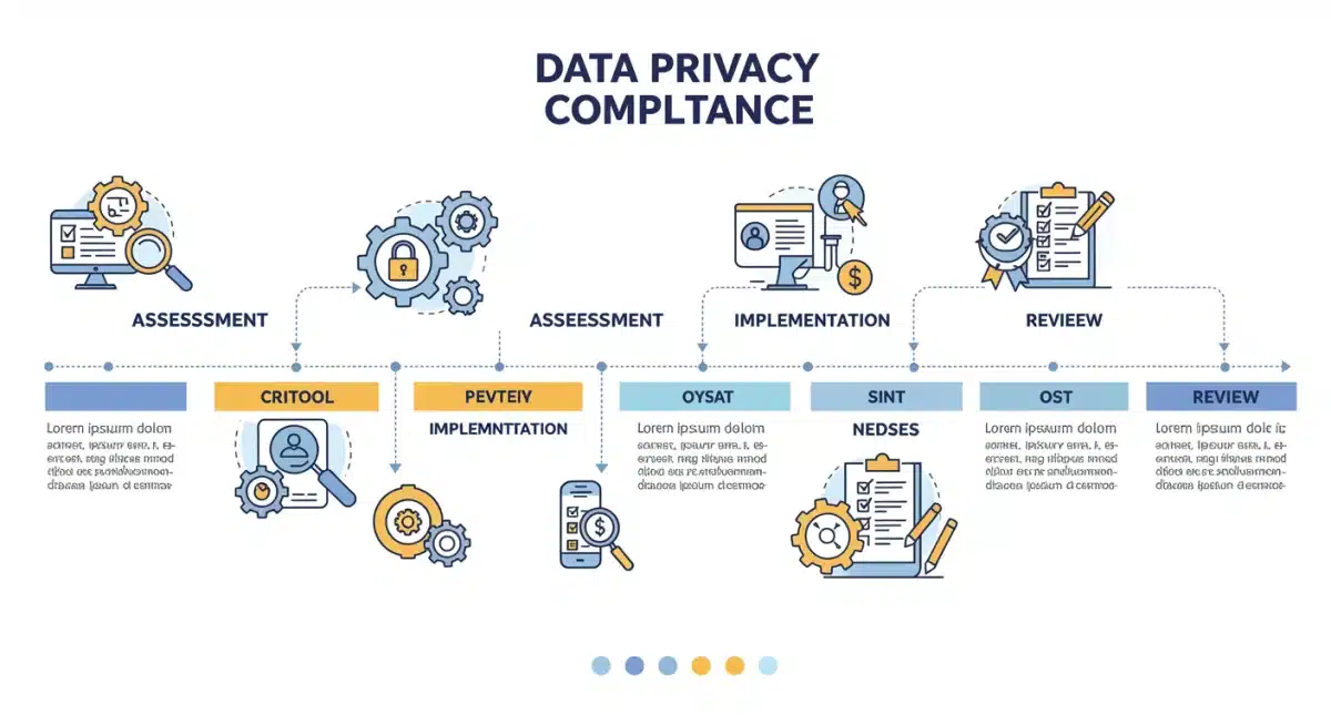 Infographic depicting a phased timeline for data privacy compliance implementation.