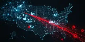 Digital map of US critical infrastructure under AI cyber threat, showing power grids, water facilities, and transport networks targeted by sophisticated AI-powered attacks.