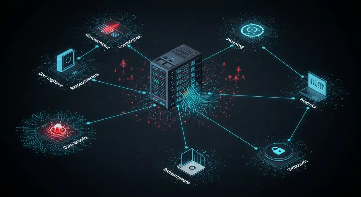 Diagram showing AI-powered cyberattacks and their impact on digital infrastructure.
