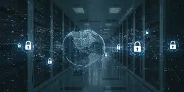 Digital network security overlaying a data centre, symbolising advanced persistent threat detection.