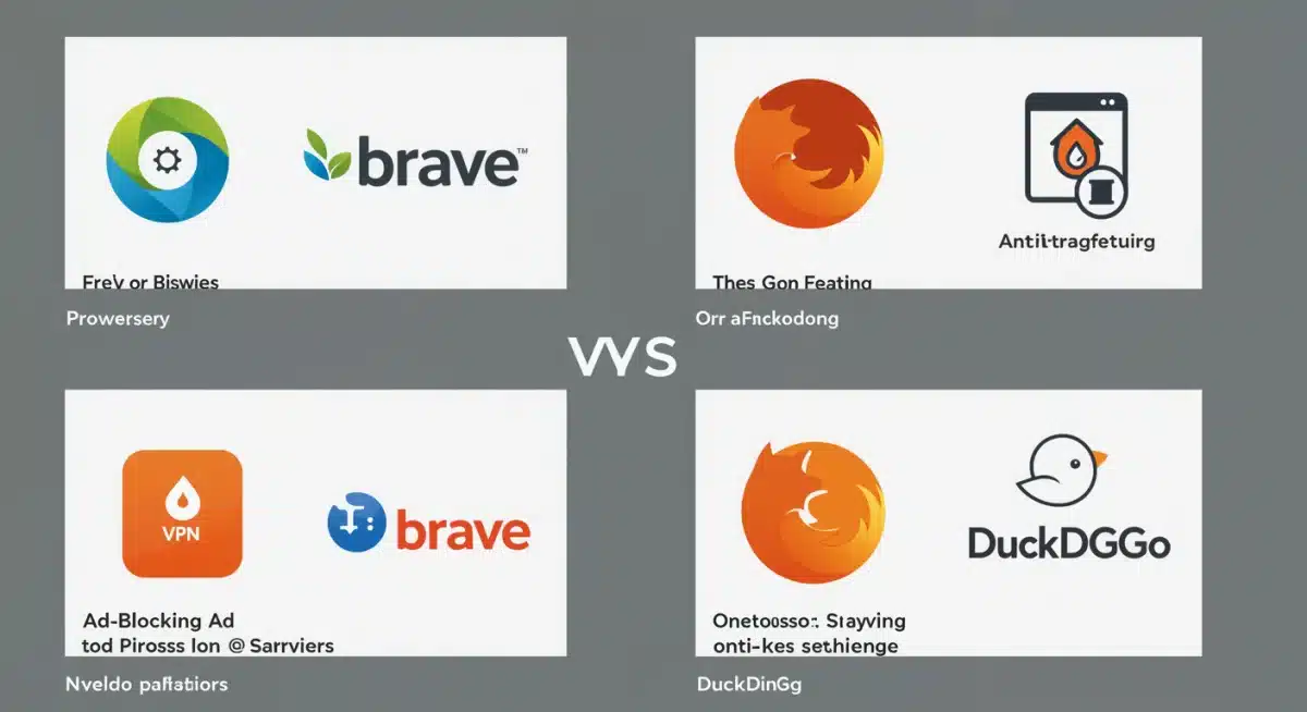 Infographic comparing privacy features of Brave, Tor, Firefox, and DuckDuckGo browsers.
