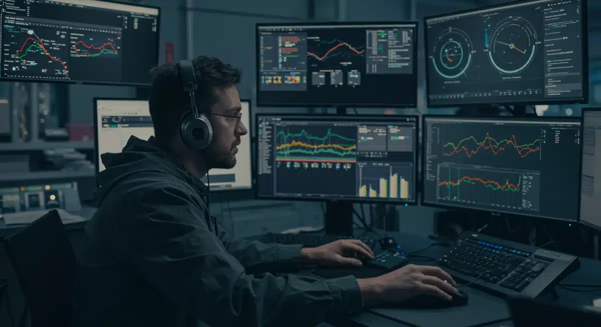 Cybersecurity analyst monitoring real-time threat intelligence and network anomalies.