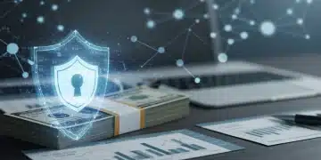 Digital shield protecting US dollar bills and corporate data from cyber threats.