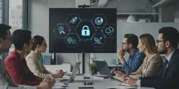 Employees engaged in cyber security training session, learning about digital threats