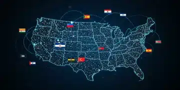 Digital map of US showing cyber attack vectors and geopolitical threats