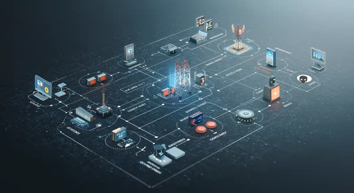 Complex network diagram of smart grid IoT devices with cybersecurity threat indicators.