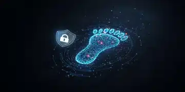 Secure digital footprint with glowing data points and protective shield, symbolising online data exposure reduction.