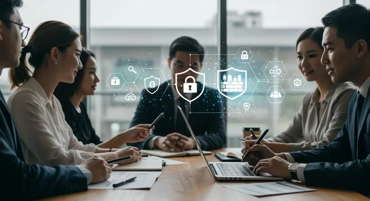 Small business team actively implementing cybersecurity measures, depicted with digital shield and data encryption overlays.