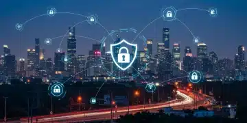 Digital shield overlaying a smart city infrastructure, symbolising robust IoT security in urban environments.