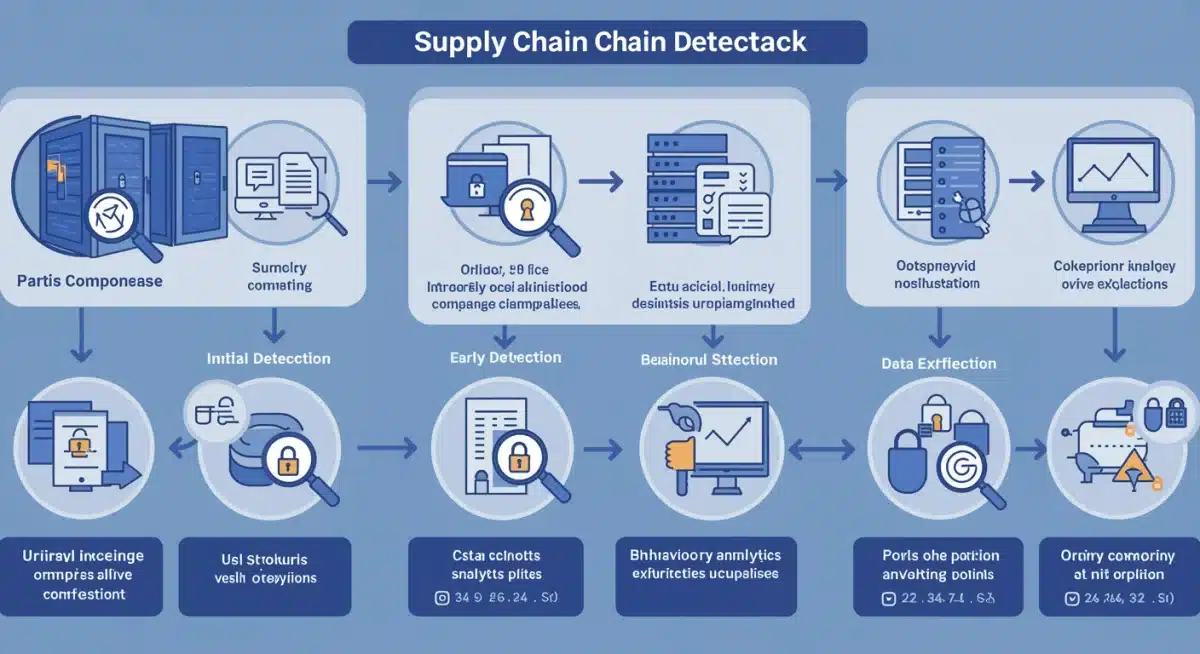 Infographic showing stages of supply chain attack detection with behavioural analytics.