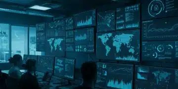 Cybersecurity analysts monitoring threat intelligence platforms in a high-tech security operations centre, showcasing advanced detection capabilities.
