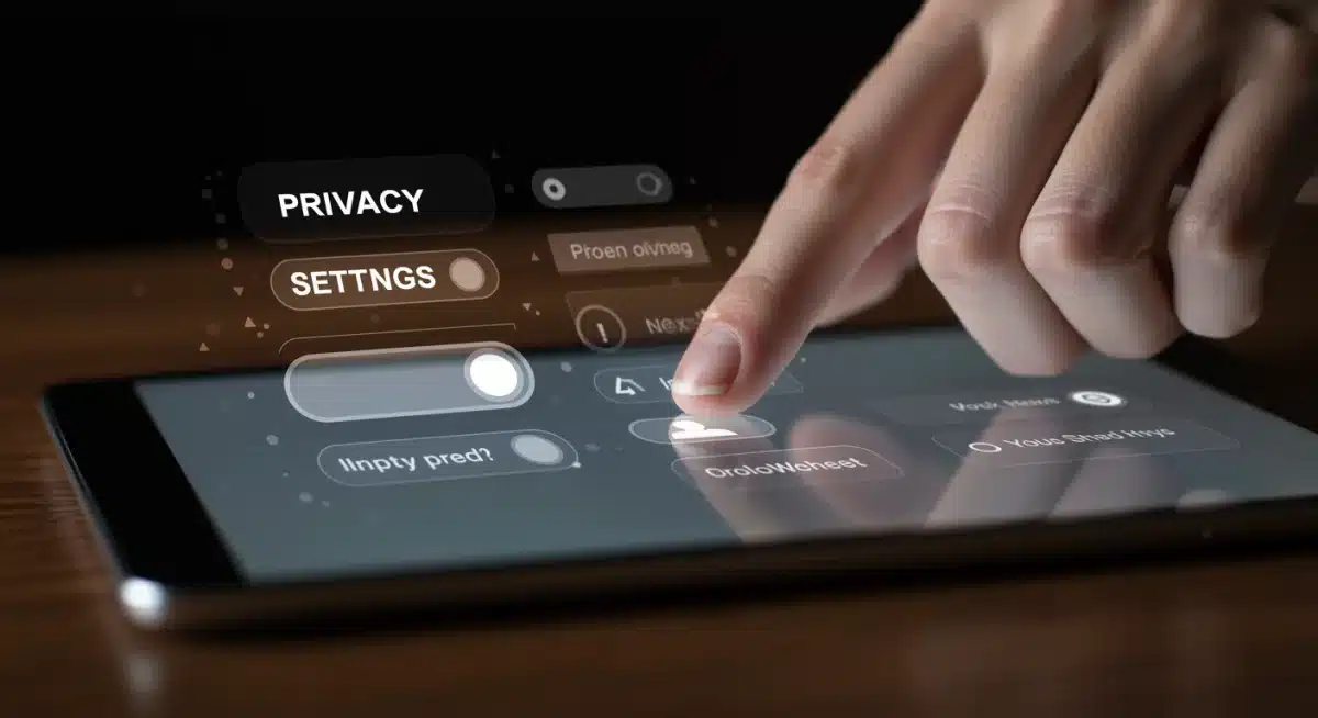 Hand adjusting digital privacy settings on a tablet device.