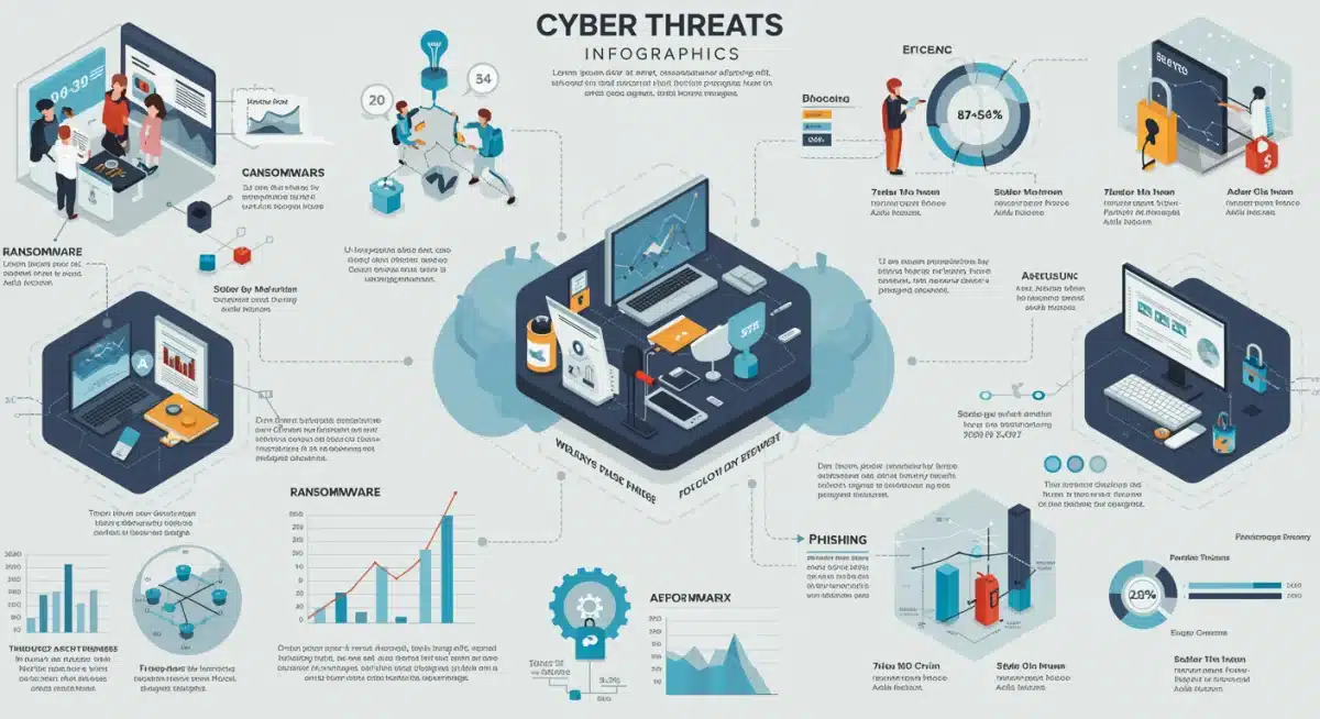 Infographic detailing common cyber threats like ransomware and phishing, illustrating their impact on business operations and data integrity.