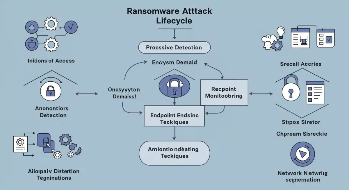 Ransomware attack lifecycle and corresponding detection techniques flowchart