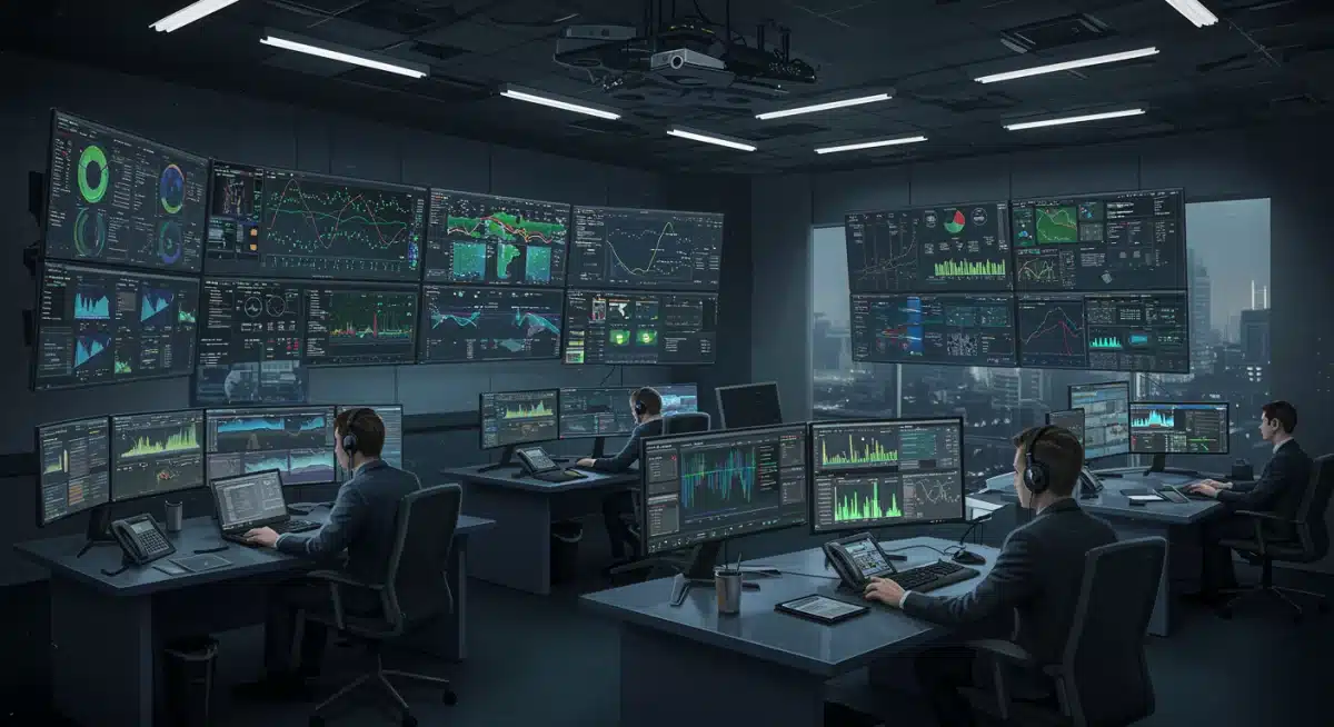 Security operations centre analysts monitoring real-time data for threat detection.