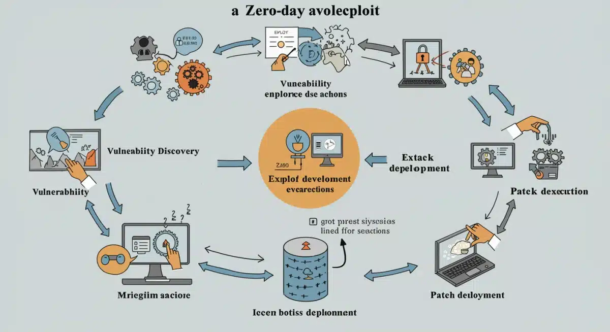 Infographic depicting the full lifecycle of a zero-day exploit and its impact.