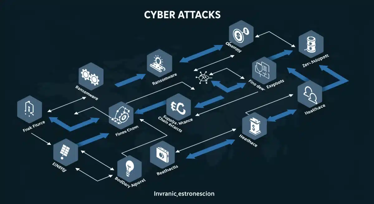 Infographic detailing diverse cyber attack types targeting critical infrastructure sectors