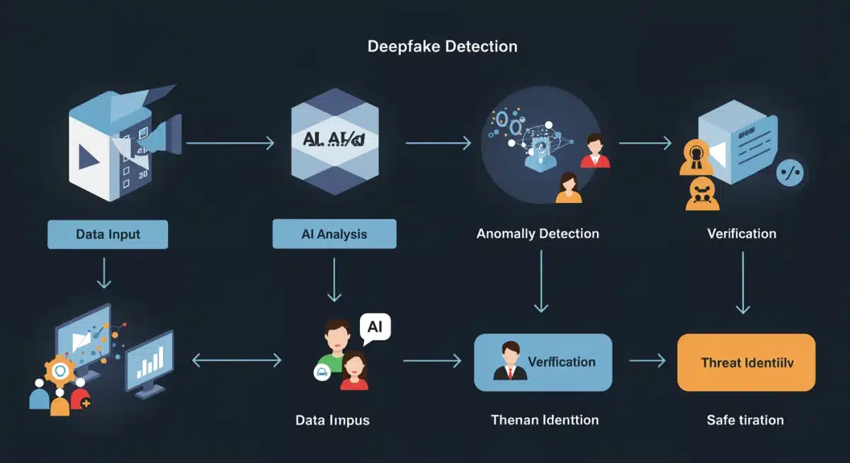 Flowchart illustrating deepfake detection process with AI analysis and anomaly detection.