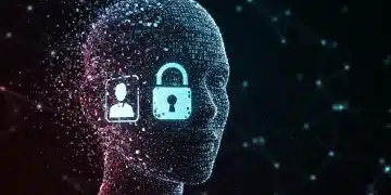 Digital face fragmenting with padlock, symbolising deepfake security risks and identity compromise.