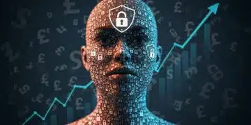 Digital identity protection saving money, with a secure online profile and financial symbols.