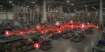Digital network with cyber threats over US manufacturing supply chain