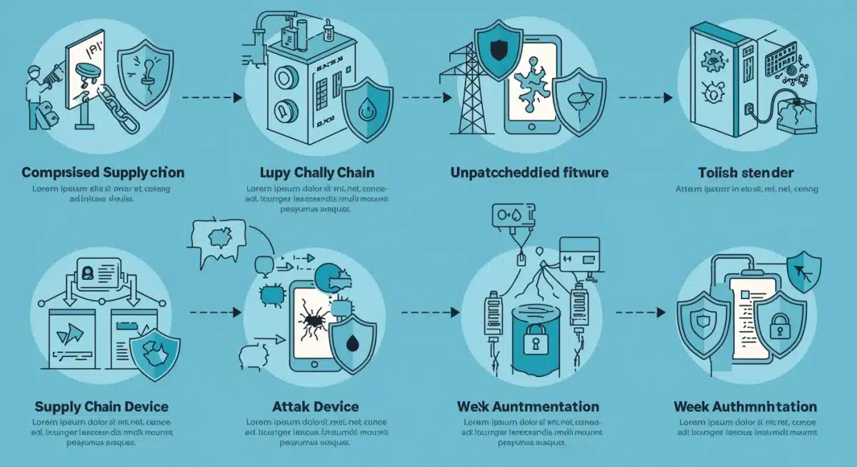 Infographic showing IoT attack vectors and cybersecurity countermeasures for critical infrastructure.