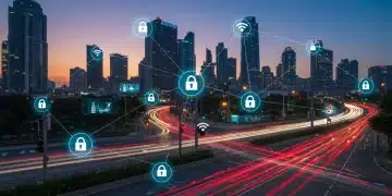Secure smart city infrastructure with integrated IoT devices and protective digital layers.